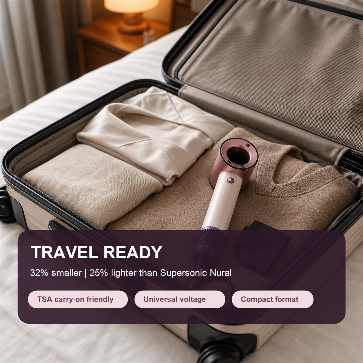 Compact Dyson Supersonic Travel Hair Dryer packed for travel